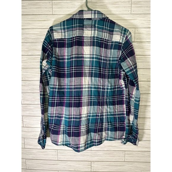 Duluth Trading Women's Small Flannel Plaid Shirt L/S Button Roll Tab Aqua Purple - Picture 3 of 8